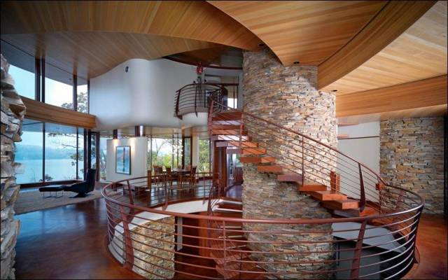 Дом, особняк, штат Висконсин, США, дом с оригинальными геометрическими формами, дизайн, интерьер, лестница