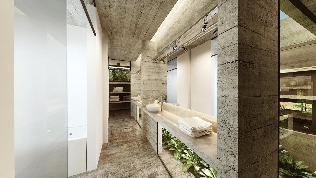 Дом, лесная резиденция, частный дом Casa Bosque, Аргентина, бетонный фасад, место для отдыха, открытые террасы, аскетичность интерьера, ванная комната, душевая