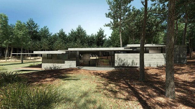Дом, лесная резиденция, частный дом Casa Bosque, Аргентина, бетонный фасад, место для отдыха, открытые террасы, аскетичность интерьера