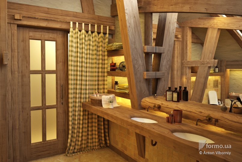 Ванная комната, этно-стиль, отделка из дерева